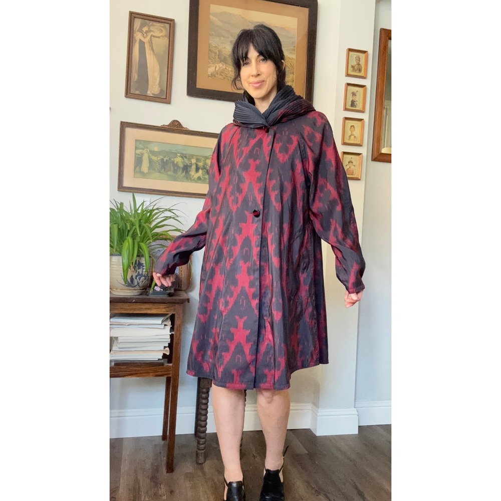 Mycra Pac Now red black reversible Ikat Rain Coat Hooded Travel Jacket size 2M/L - Picture 4 of 10